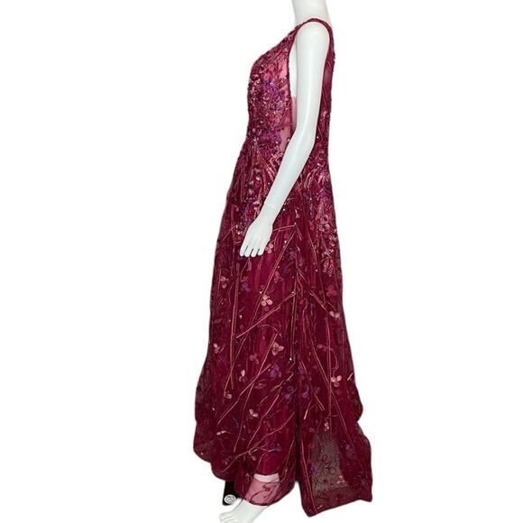 Ieena for Mac Duggal Embroidered Sleeveless Plunge Neck A-Line Gown Berry Sz 12 - Picture 5 of 10